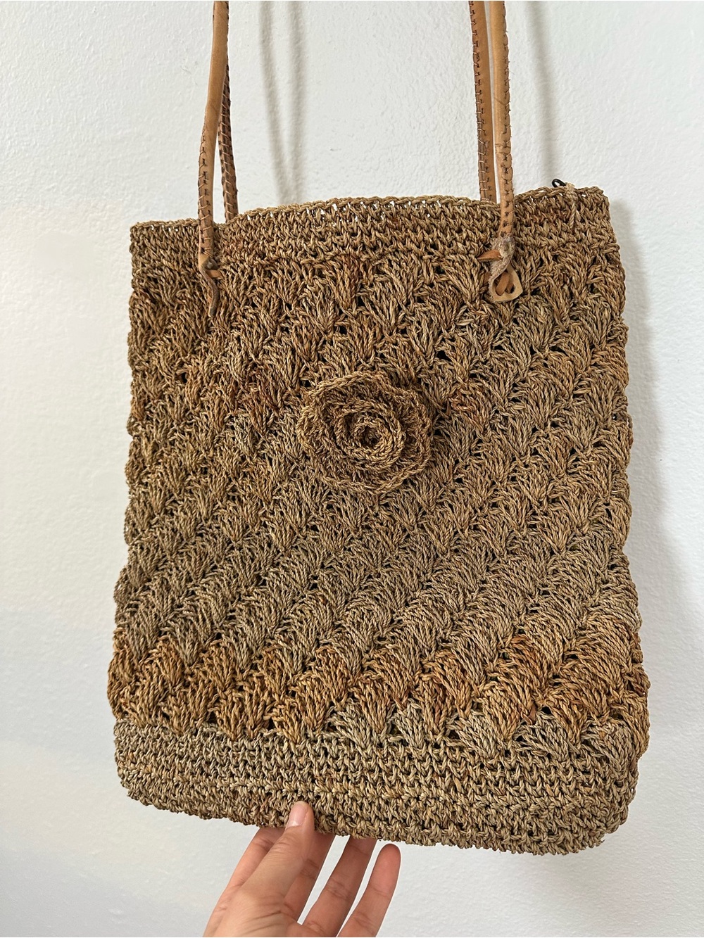 Brown Beige Woven Straw Handmade Tote Bag with Flower Accent & Leather Strap - Picture 3 of 14